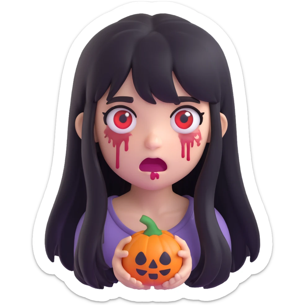 a zombie girl with black long hair and bangs, 3D emoji style, cute, expressive sticker