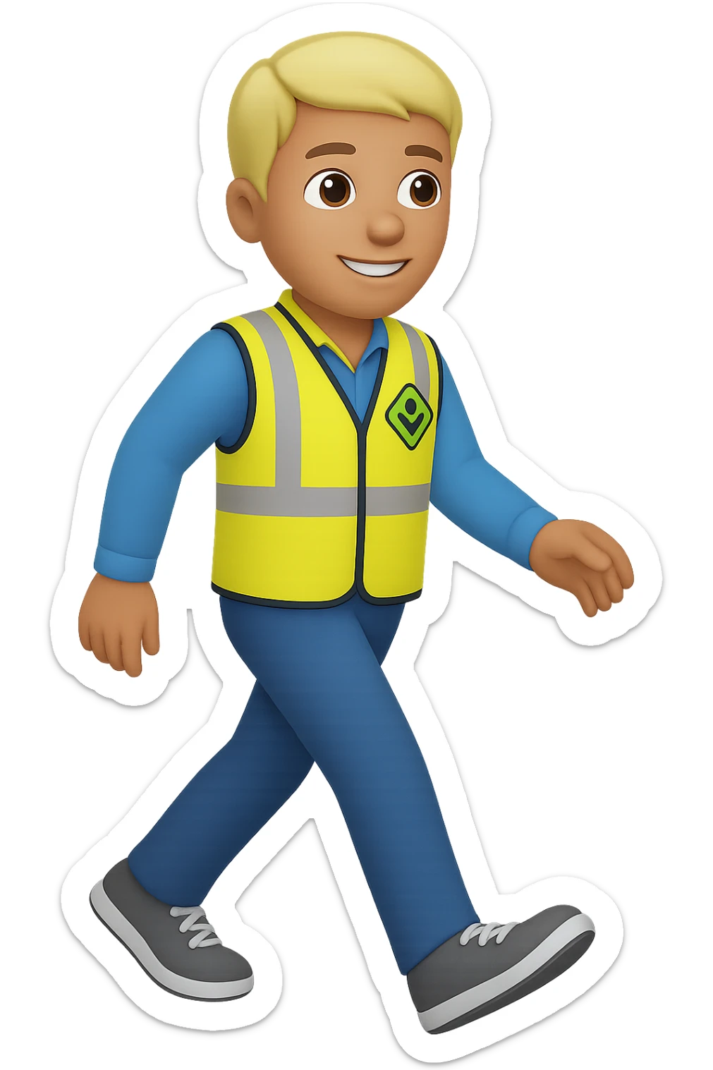 Edit the image to depict a full-body person walking, wearing a high-visibility vest, no hard hat, wearing trainers, in the style of apple emojis, with no background (transparent). sticker