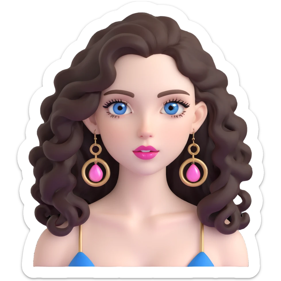 beautiful girl with big blue-grey eyes, long lashes, pale skin, pink lips, long voluminous dark brown curls, gold hoop earrings, silky halter top sticker