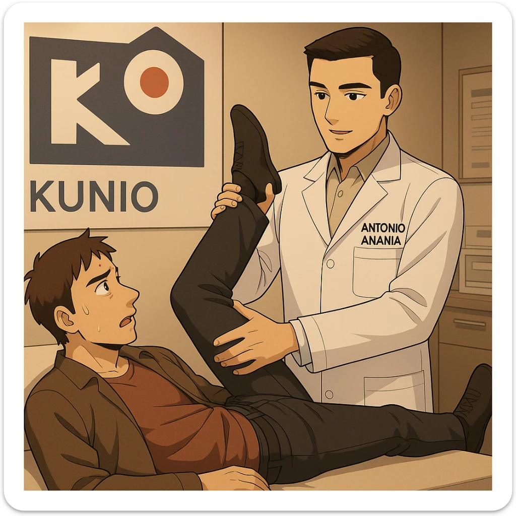 fai un webtoon manga a colori con questo stile, in cui un uomo è steso sul lettino medico e il kinesiologo con il camice bianco (fagli anche la scritta "ANTONIO ANANIA" SUL CAMICE, gli solleva una gamba per fargli il test neuromuscolare, IL KINESIOLOGO SPIEGA ALL'UOMO UNA cosa mentre gli alza la gamba. non fare i fumetti però, fai solo in modo che sembri stiano parlando sticker