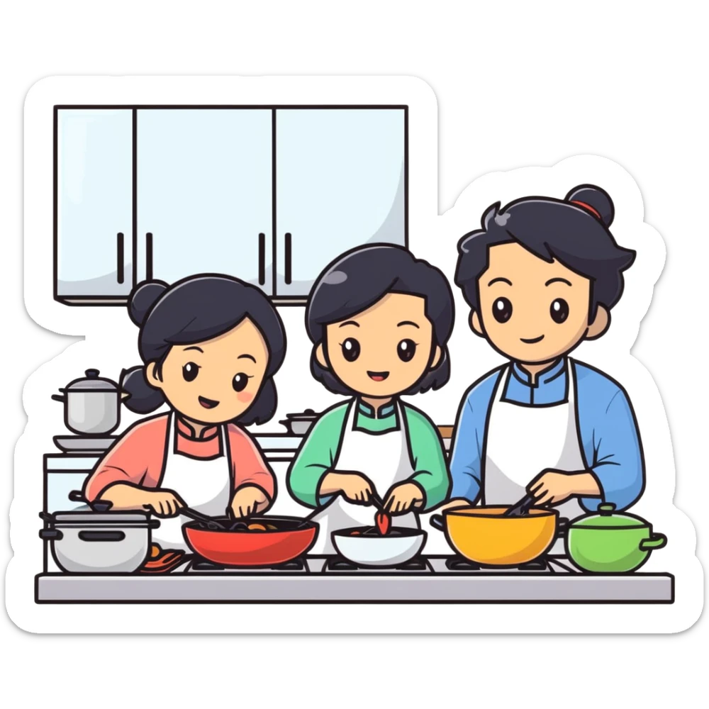 East Asian family with black hair cooking together in the kitchen sticker