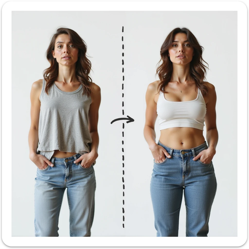 adult woman, photorealistic, two side-by-side photos: one with loose clothes and one with tight clothes, dashed line connecting the two images, puzzled expression, neutral background, concept of weight fluctuation sticker