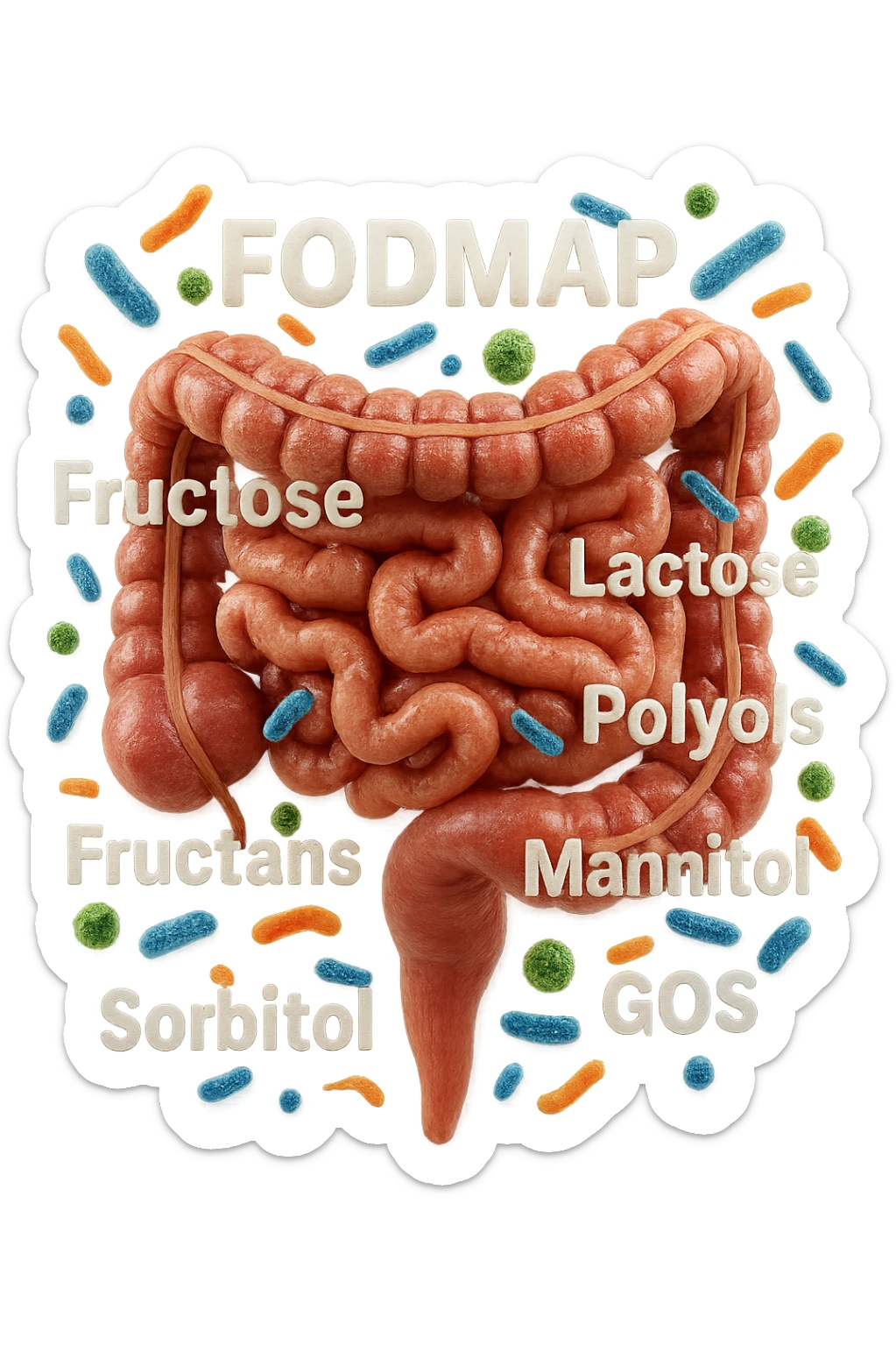 intestino umano anatomico con parole FODMAP CHE GLI FLUTTUANO INTORNO INSIEME A BATTERI INTESTINALI, iperrealistica 4k sticker