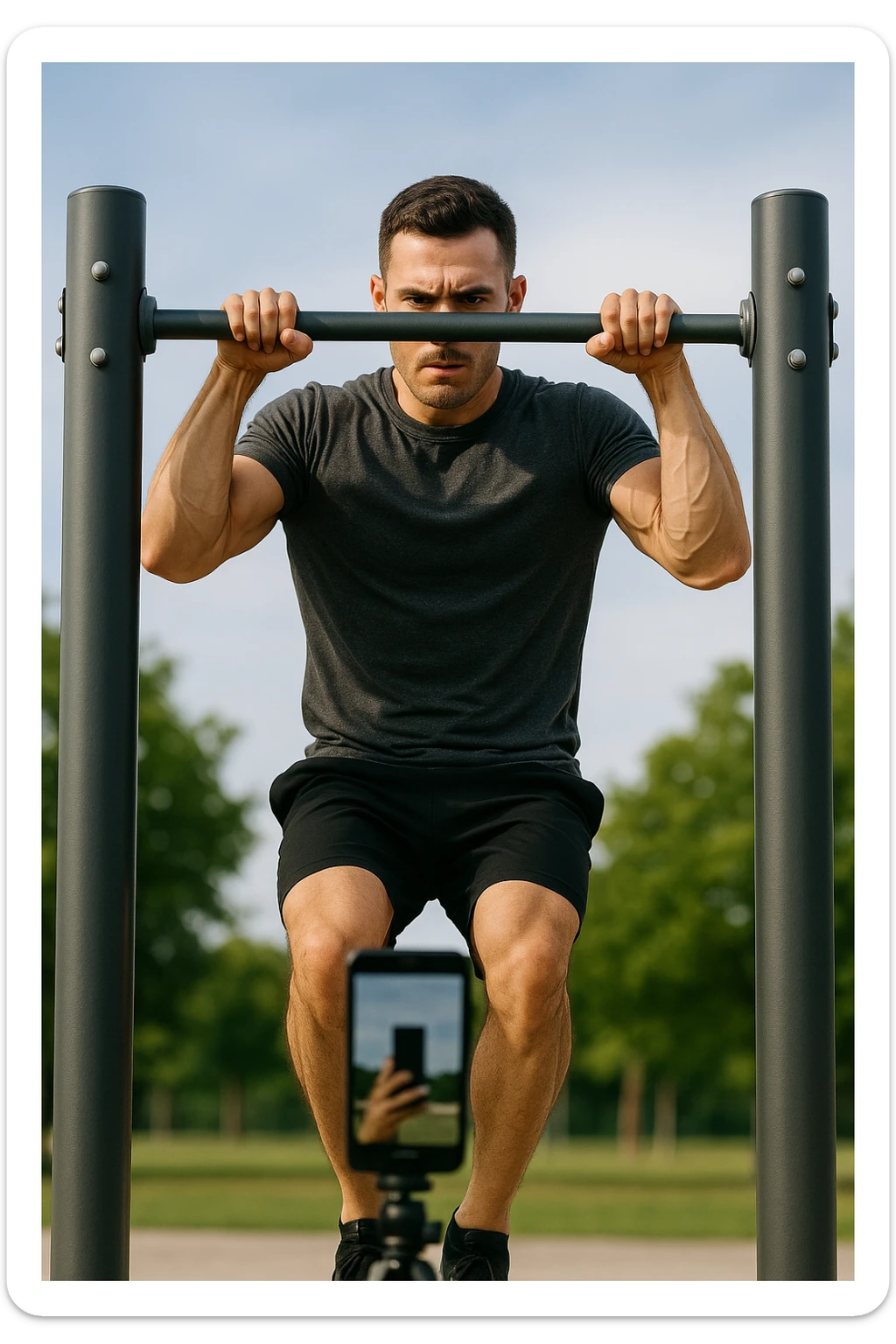 uomo che fa Muscle up e si sta filmando davanti con il telefonino per vedere la sua posizione dei gomiti e delle mani sulla sbarra sticker