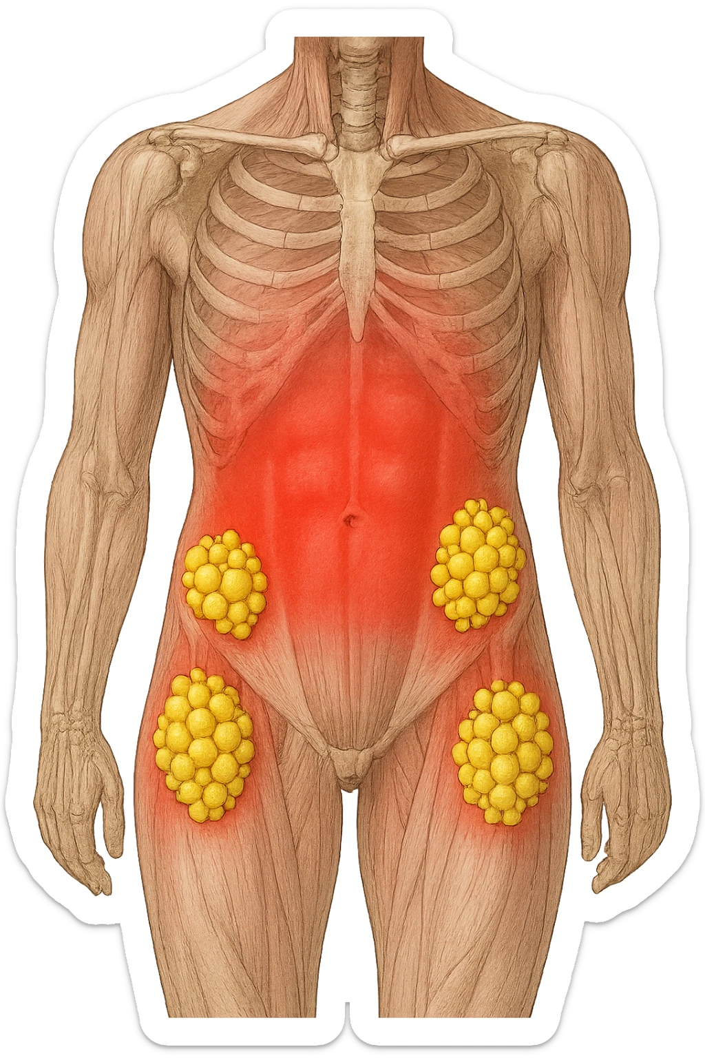 corpo umano anatomico con addome e fianchi segnati in rosso, grappoli di cellule adipose gialle su fianchi e addome sticker