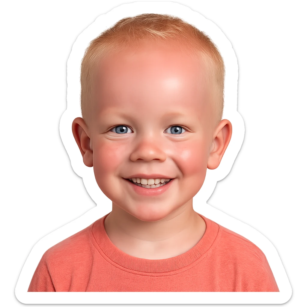 young blonde boy with blue eyes, big forehead, smiling, pale skin with slight red tint from tanning bed sticker