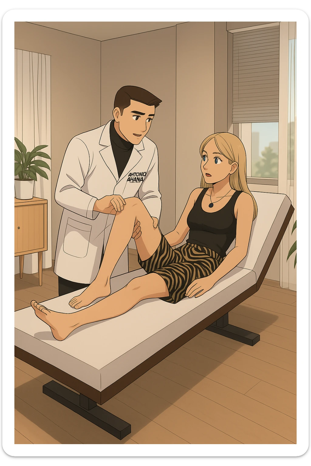 fai un webtoon/manga a colori con questo kinesiologo in camice bianco (fagli la scritta "ANTONIO ANANIA" SUL CAMICE) CHE SVOLGE UN TEST NEUROMUSCOLARE SOLLEVANDO UNA GAMBA ALLA RAGAZZA CHE è STESA SU UN LETTINO BIANCO. STANZA SEMPLICE E MODERNA, DURANTE IL TEST I DUE DIALOGANO TRA LORO. NON FARE I FUMETTI, FAI SOLO LORO COME SE DIALOGASSERO sticker
