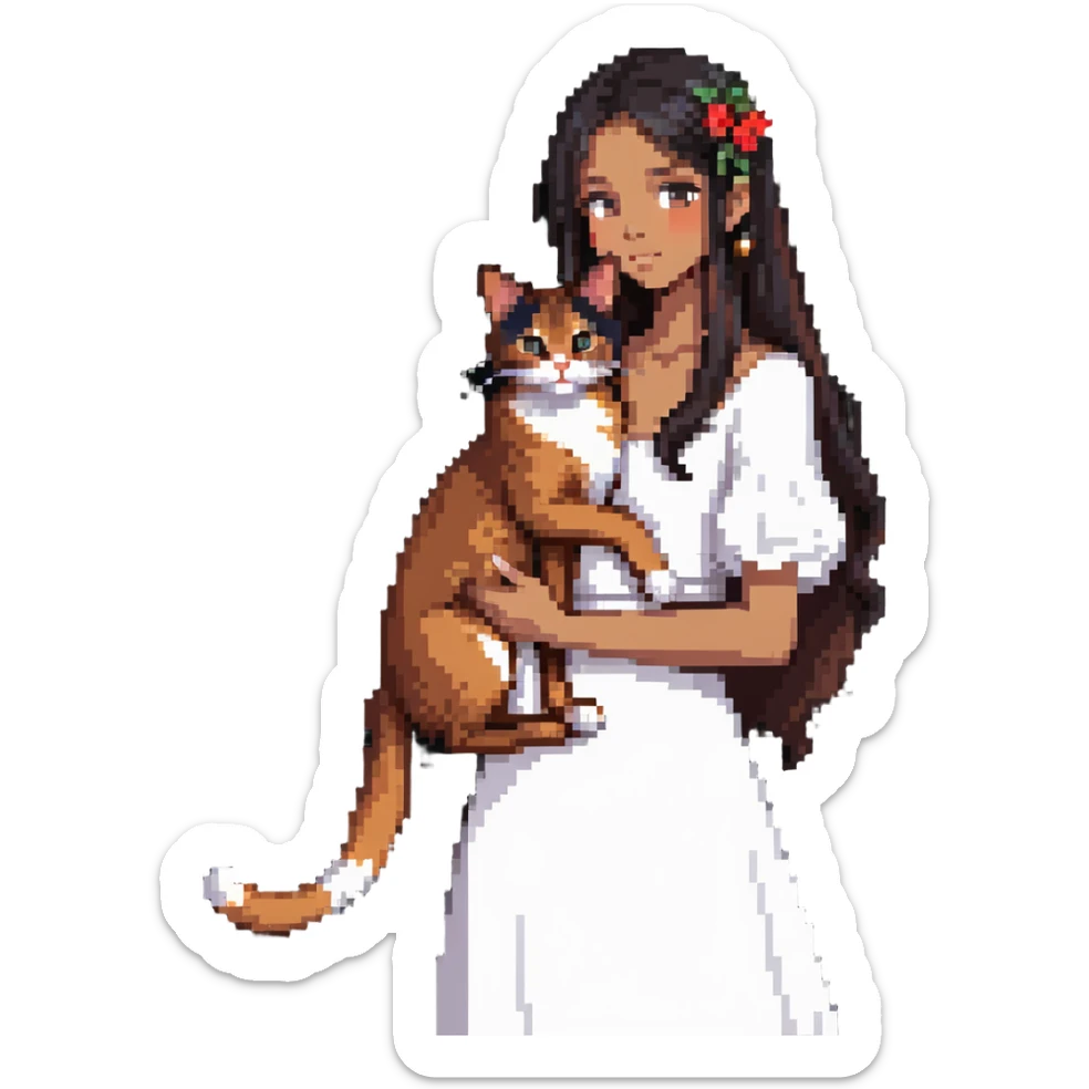 beautiful girl with long black hair wearing a white dress holding an Abyssinian cat with reddish-brown fur in her arms sticker