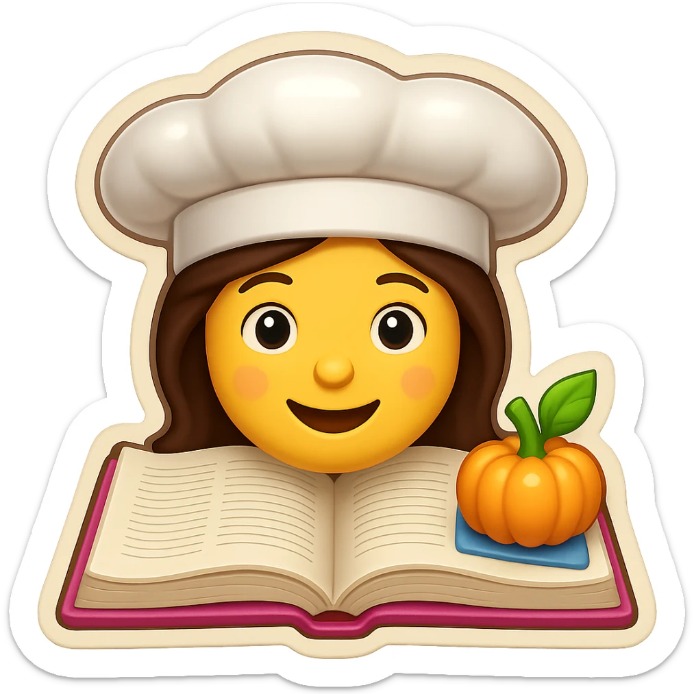 A woman chef with a chef hat on top of a cookbook, in vibrant colors and clear details, emoji style with no background. sticker