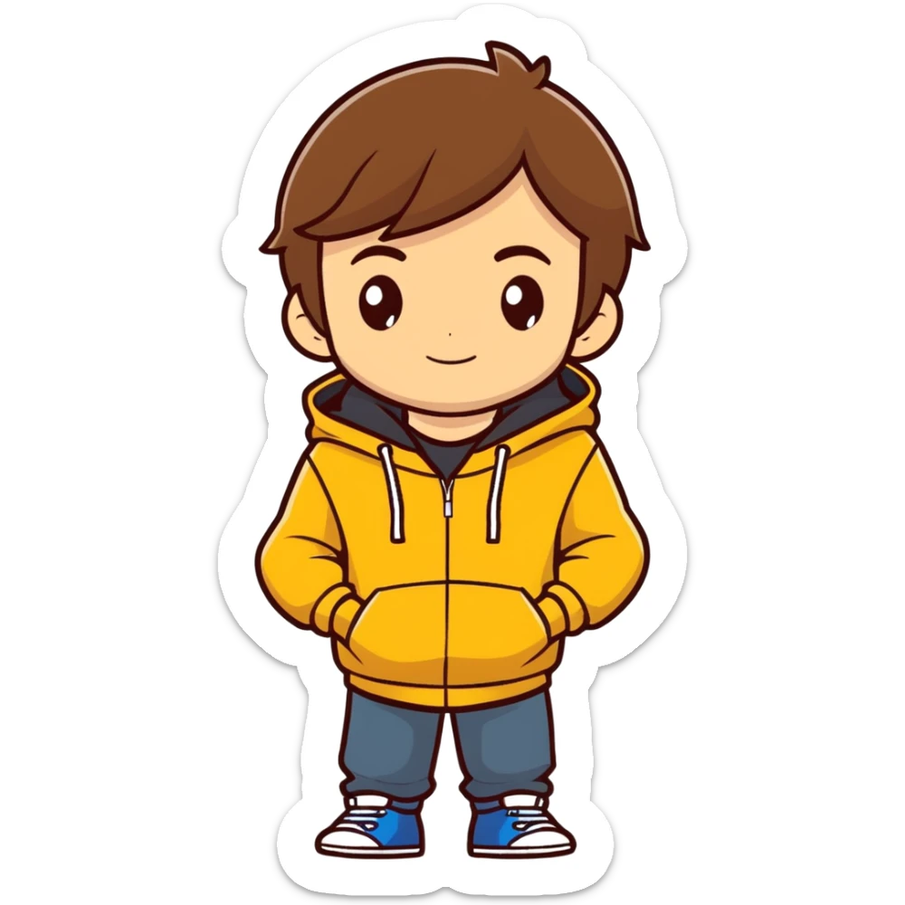 boy (in matte brown/golden brown hair)wearing a hoodie with a middle part hair sticker