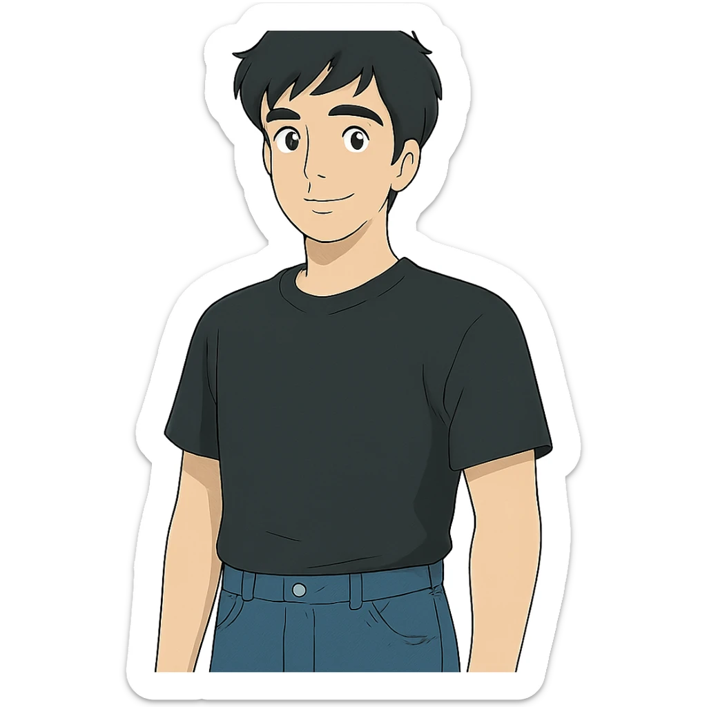 portrait of a man with black hair, jeans, black t-shirt, transparent background, ghibli style sticker