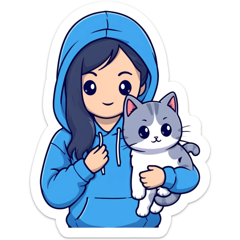 Girl with black hair wearing gray hoodie with a British shorthair blue and white cat and a long-haired blue and white cat sticker
