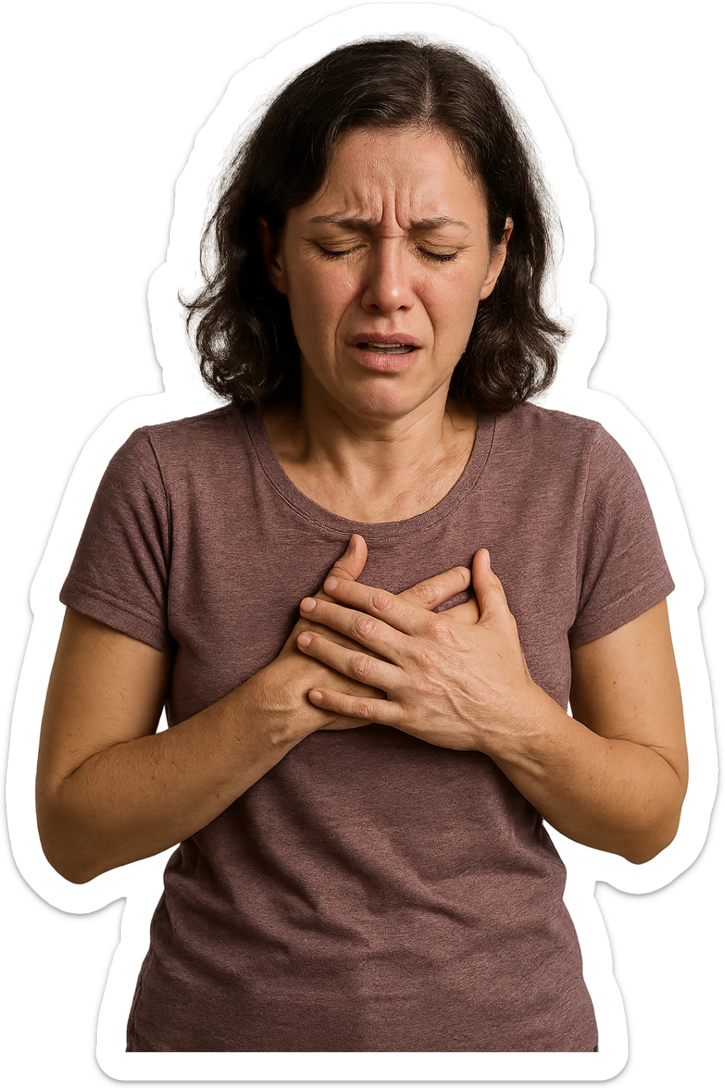 DONNA REALISTICA IN PIEDI CHE SI TOCCA IL PETTO CON ESPRESSIONE DI DOLORE IN VOLTO, IPERREALISTICO 4K sticker