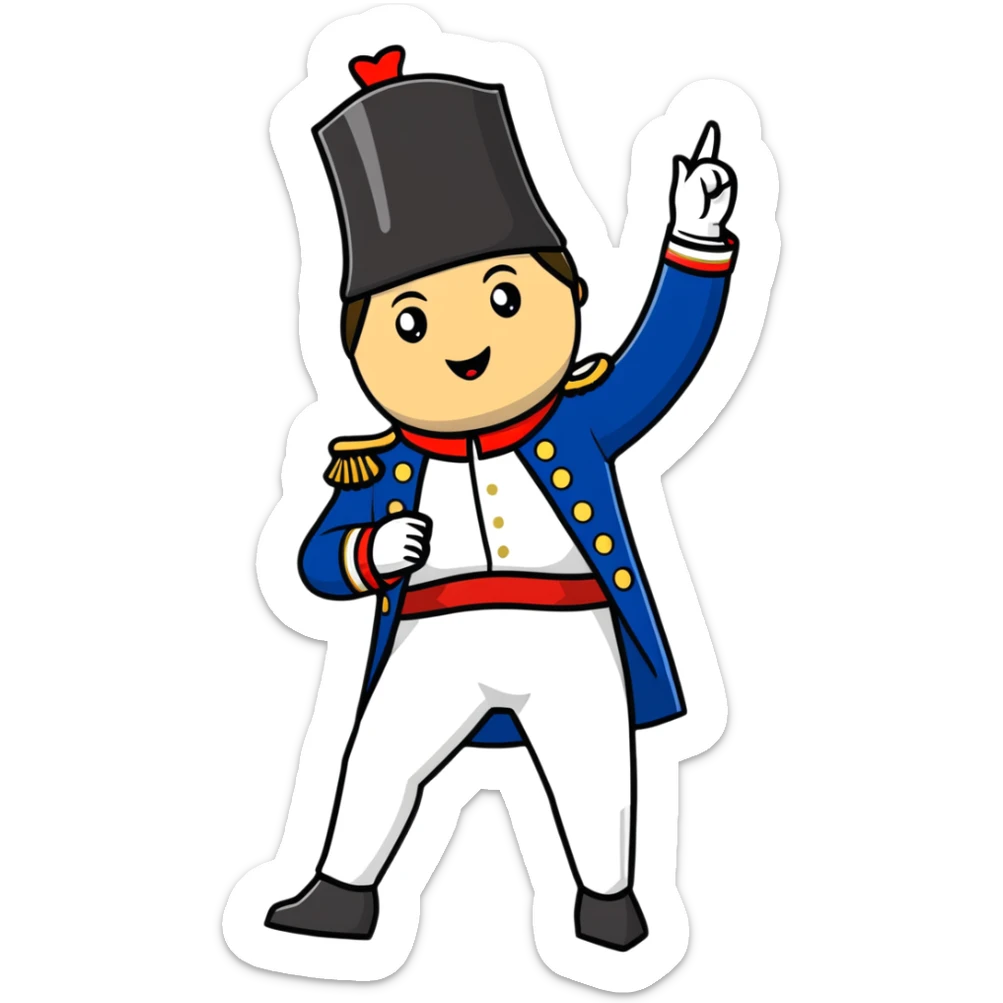 Napoleon Bonaparte in his iconic military uniform and bicorne hat dancing the Macarena dance sticker