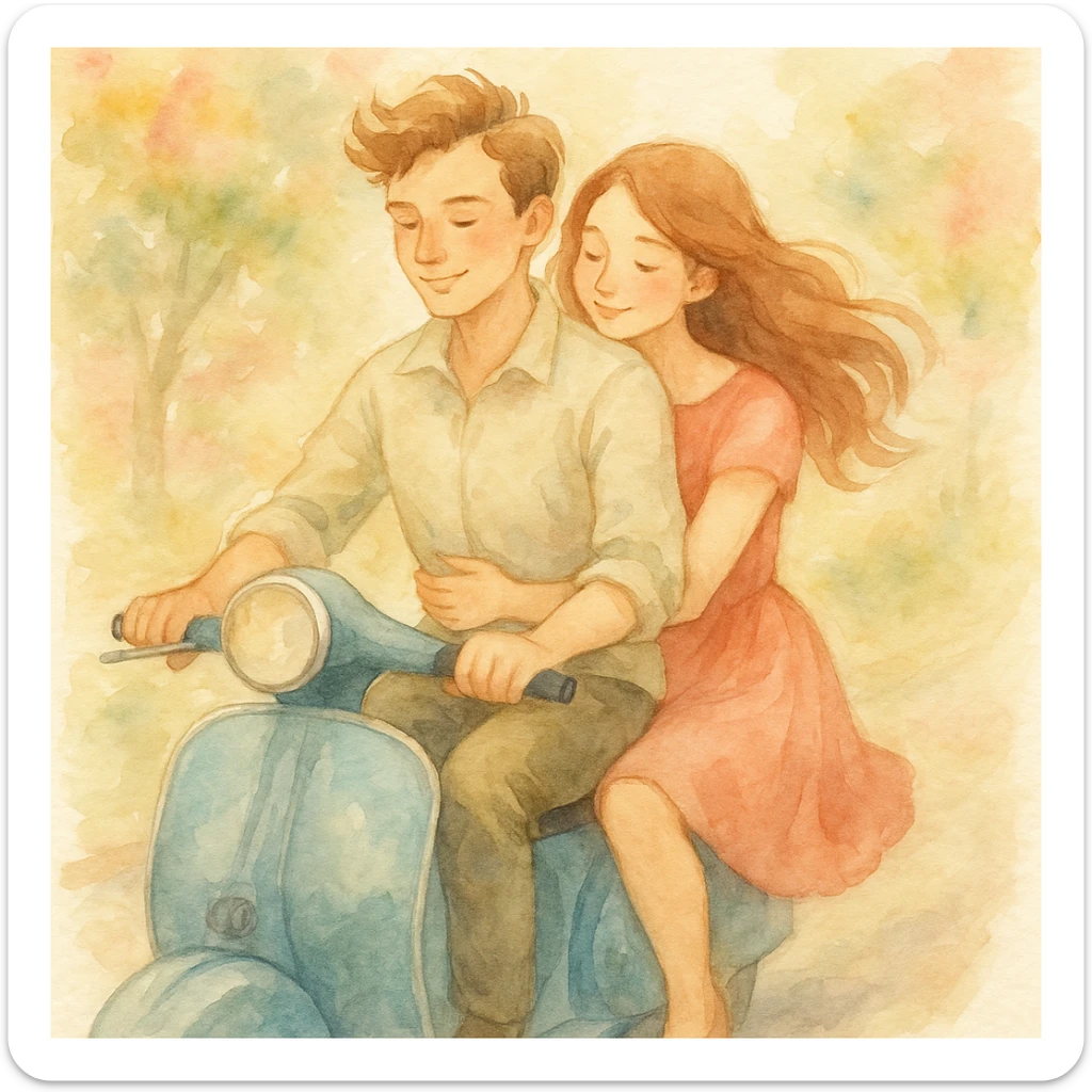 watercolour style illustration of a couple riding a scooter, soft colors, romantic atmosphere sticker
