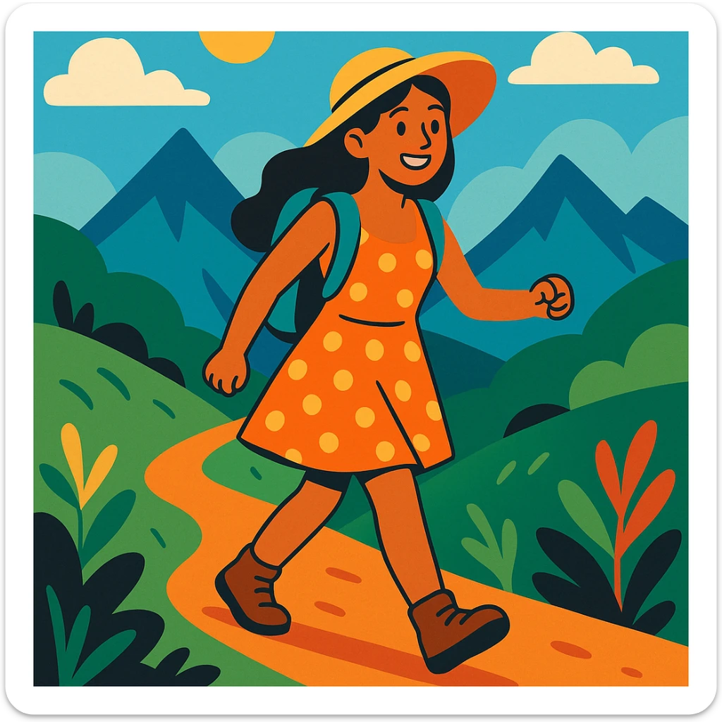 girl in a sundress hiking on a trail, mountains in the background, smiling sticker