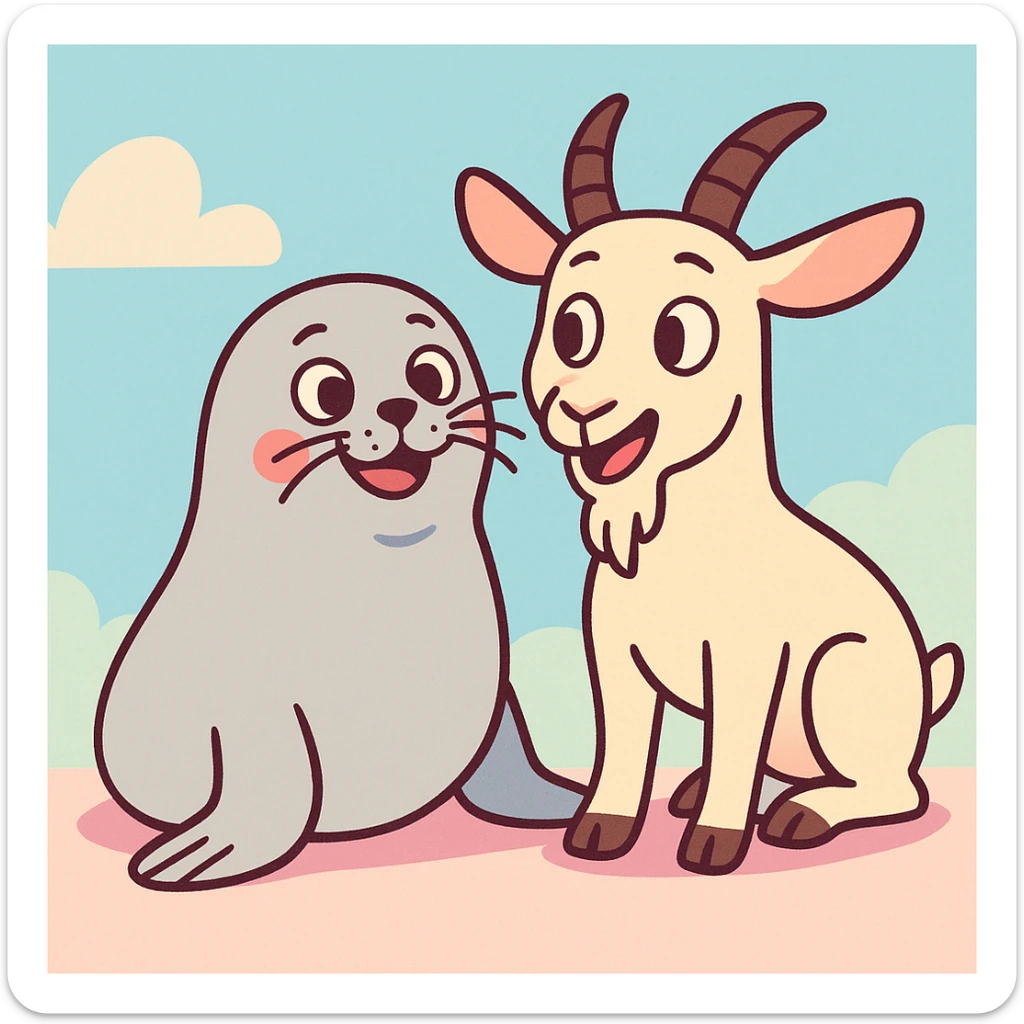 a seal and a goat sitting together, cartoon style, pastel colors sticker