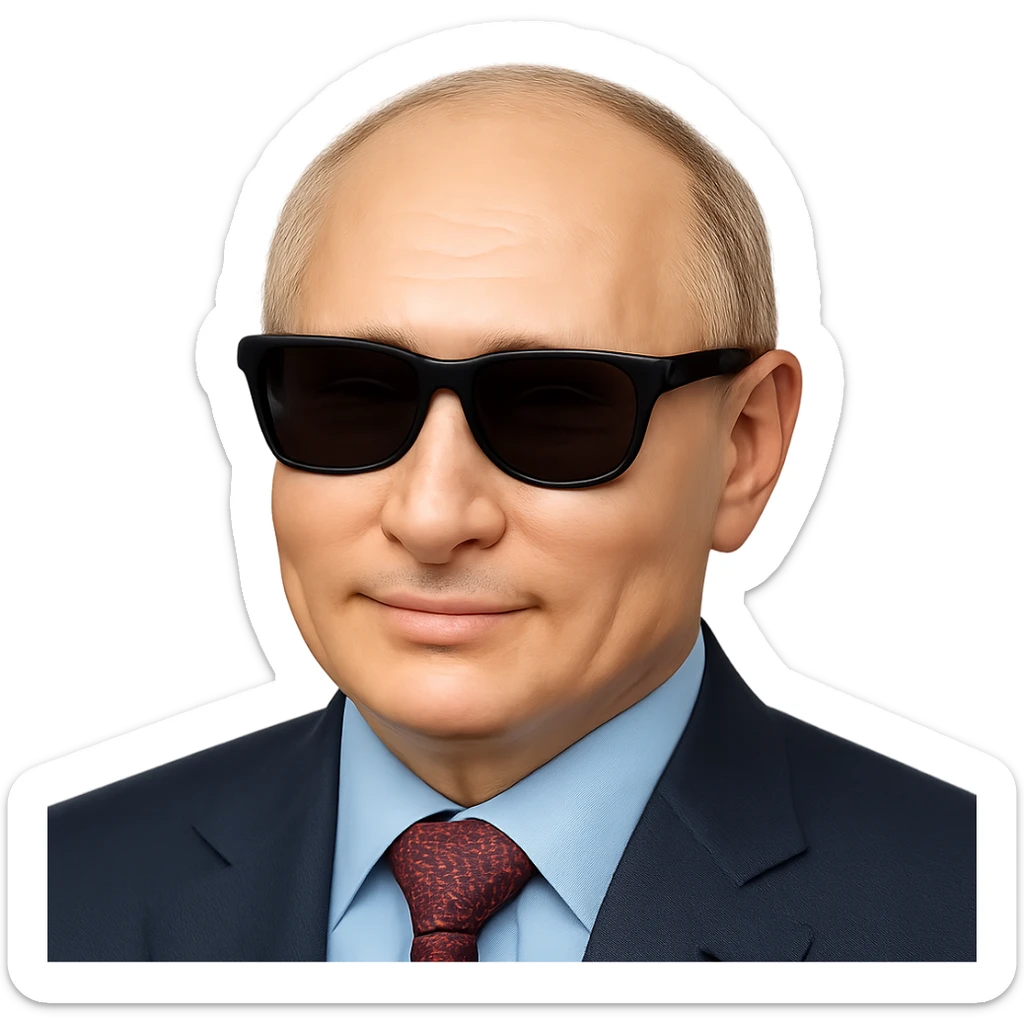 photorealistic portrait of Putin wearing sunglasses, emoji style, confident expression sticker