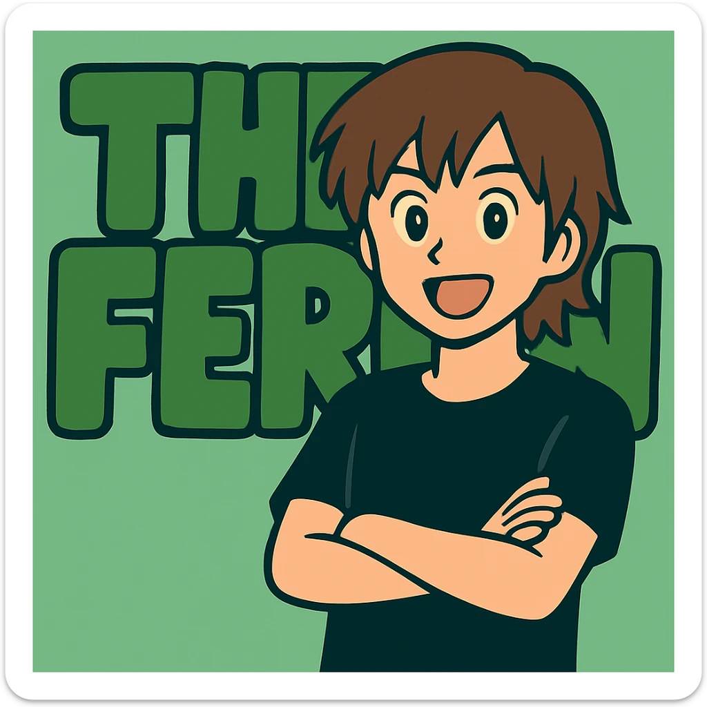 Edit the anime man to wear a black t-shirt with no jacket, standing in front of green bubble letters that say 'The Fern'. Keep his medium-length brown hair and expressive anime face. Maintain a playful, bold vibe in the style of the original image. sticker