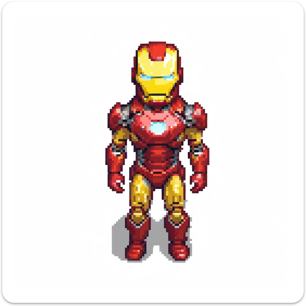 Ironman's face with his suit on, straight-on view, pixelated in the style of old Nokia retro pixel art, third-person perspective sticker