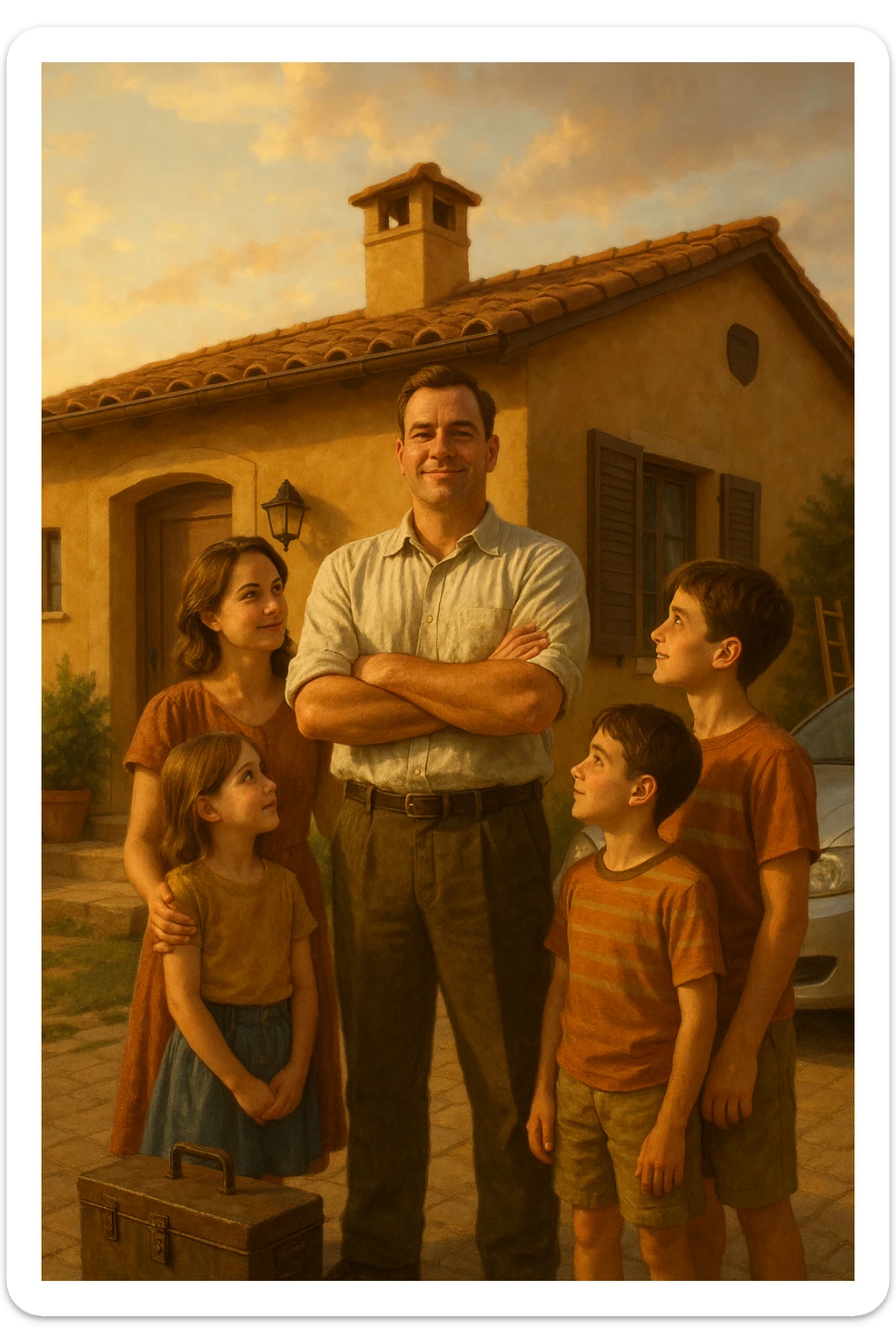 Uomo tra i 35 e i 45 anni, in piedi con postura fiera davanti alla sua casa, circondato dalla famiglia: moglie e figli lo guardano con rispetto e affetto. Indossa abiti semplici ma ordinati, simbolo di lavoro e stabilità (camicia, pantaloni, magari una cassetta degli attrezzi o una valigetta vicino). Sullo sfondo elementi che richiamano i suoi ruoli: casa ordinata, auto familiare, strumenti di lavoro, simboli di protezione e presenza. Espressione serena, forte ma accogliente. Colori caldi, luce naturale del tramonto. Stile realistico, atmosfera rassicurante e simbolica in italia, immagine realistica sticker