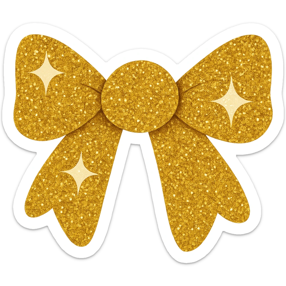 Make the sparkling bow gold glitter with glitter details, playful and stylish, no background. Highlight the glitter details and playful style with gold glitter texture. sticker