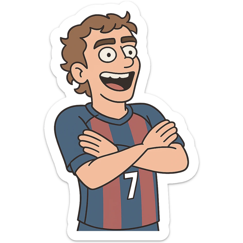 Griezmann goal celebration, football player, arms crossed, wearing football jersey, energetic pose, cartoon style sticker