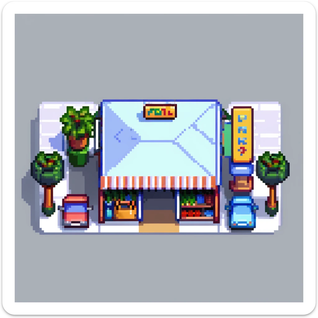 Isometric view of a supermarket building exterior with parking lot, shopping carts, and store sign sticker