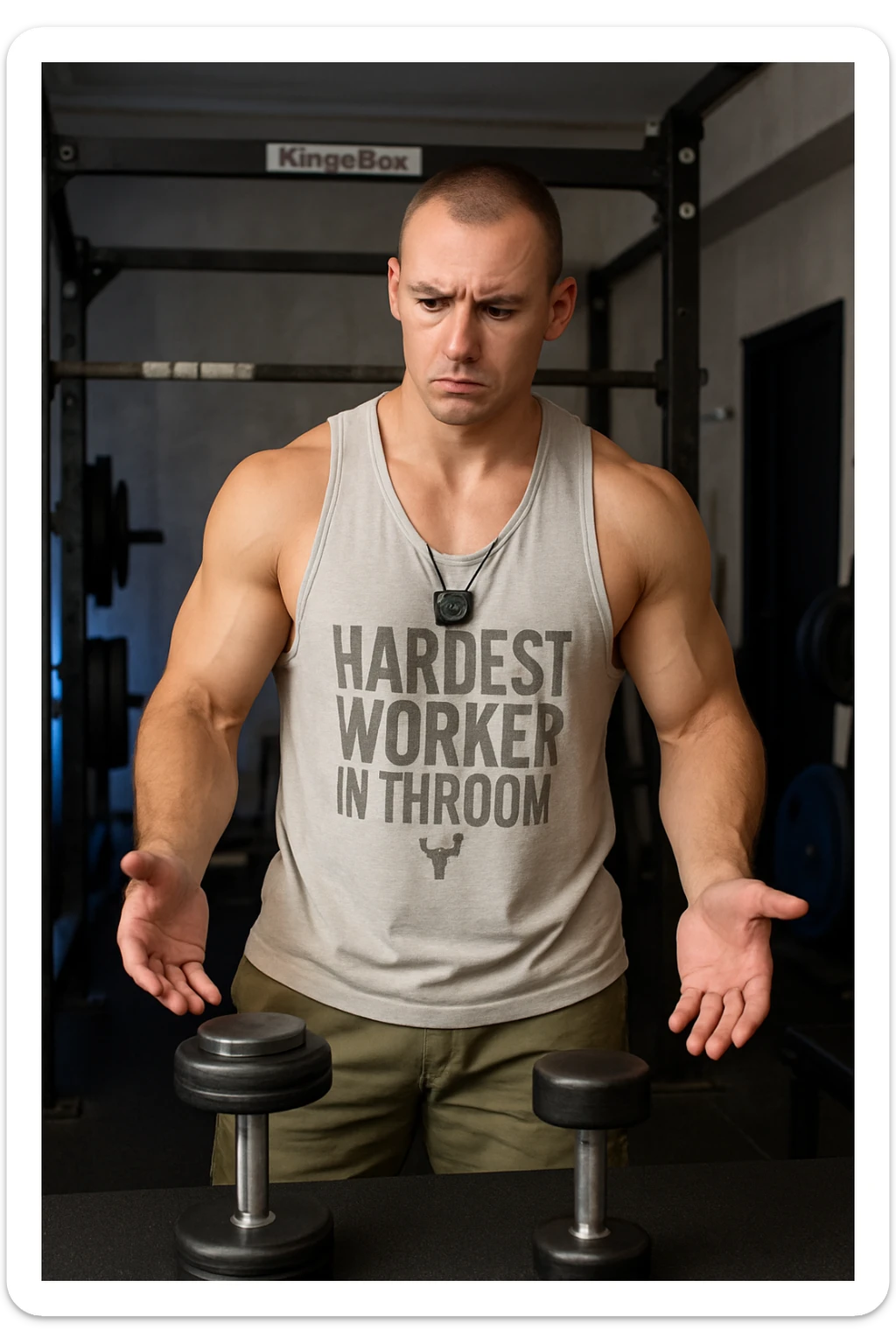 Realistic vertical image of a muscular man in a gym, with face and physique identical to the reference photo. In front of him are two dumbbells of different weights, expression undecided and focused, gaze evaluating which to choose. Gym atmosphere, detailed and realistic. sticker