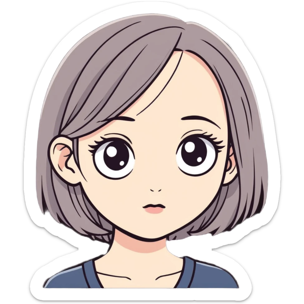 a female with white skin, big eyes, middle-length hair which is right at the shoulder sticker