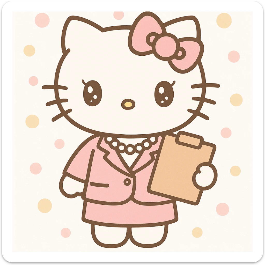 elegant businesswoman cat character in the Hello Kitty universe, pastel pink tailored suit, pearl necklace, holding a clipboard, soft cute features, kawaii style sticker