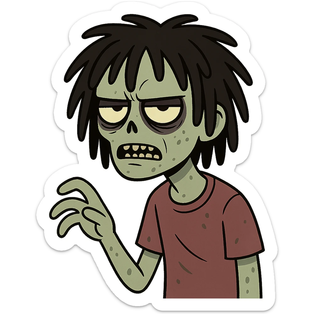 creepy cartoon boy zombie, black shaggy freeform dreadlocks, medium long, dark and haunting expression sticker