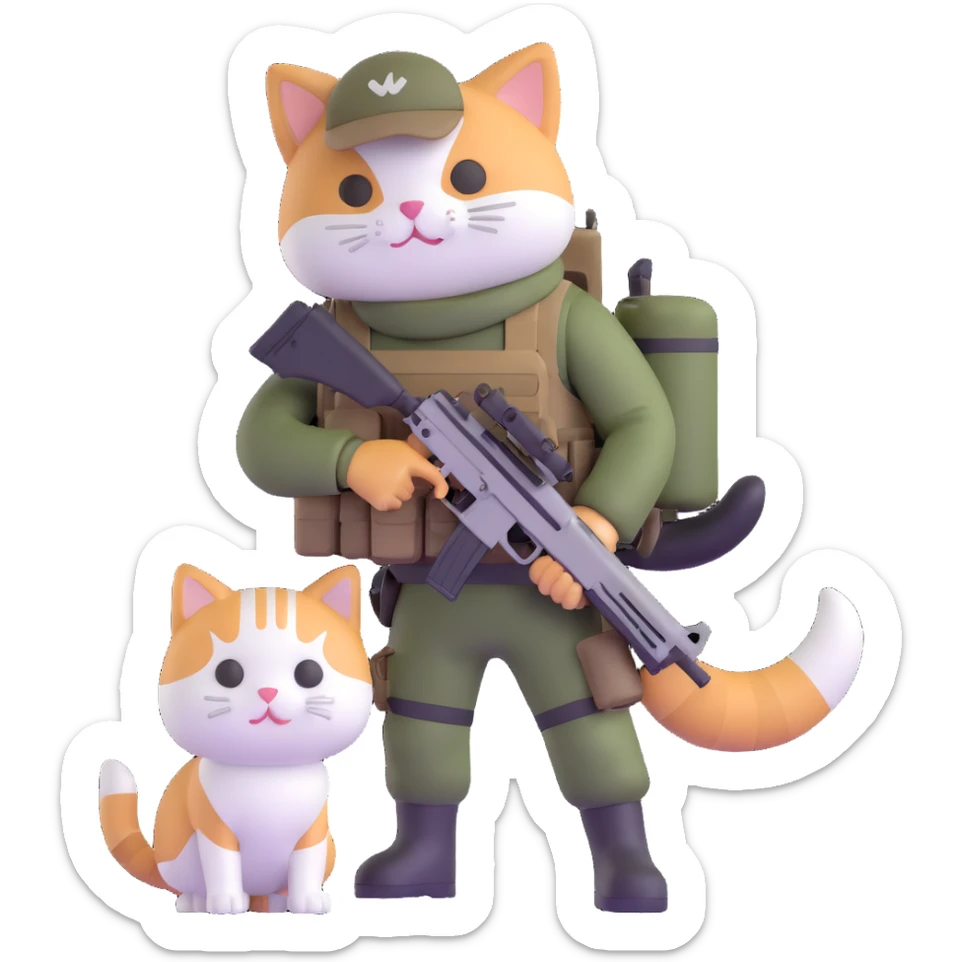 Man in tactical airsoft gear holding a gun in one hand and a white and brown cat in the other hand sticker