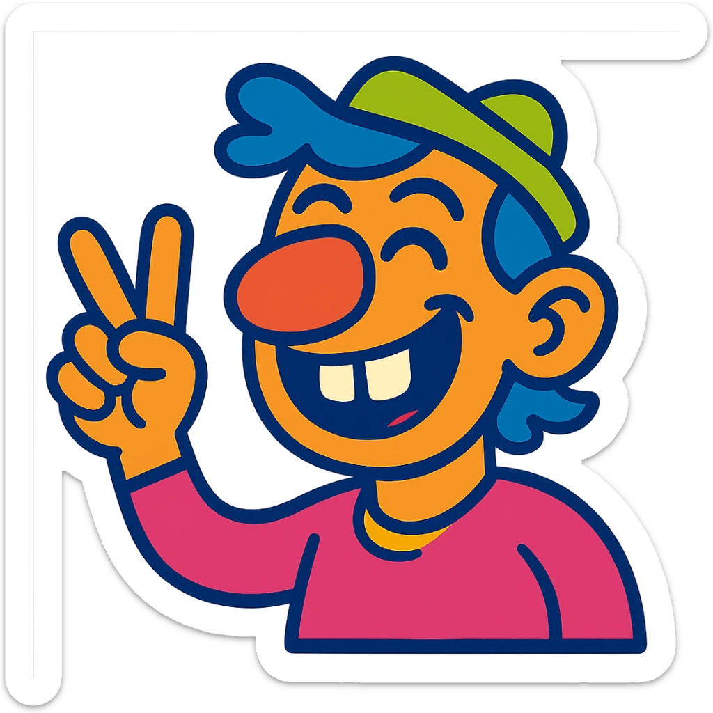 a joyful person with a large nose, buck teeth, and hand gesture, vibrant and whimsical, vibrant toon style, colorful and expressive cartoon sticker