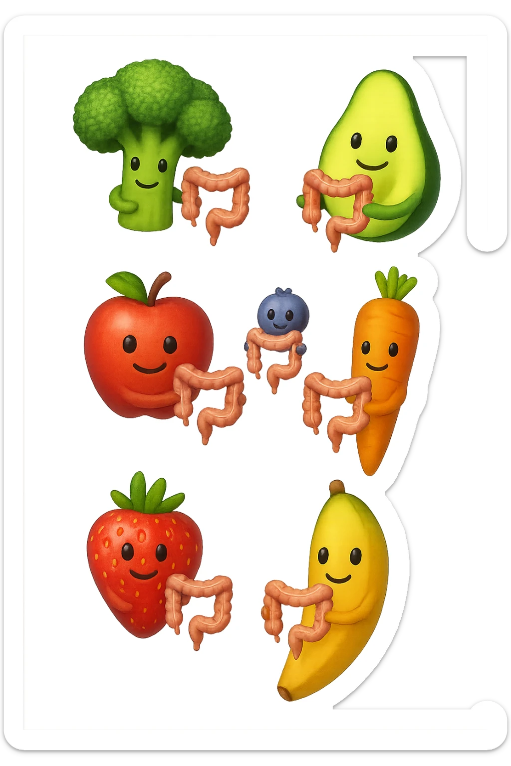 cibo sano fluttua in aria verticalmente stringendo piccoli colon umani, stile emoji iphone, iperrealistico 4k sticker