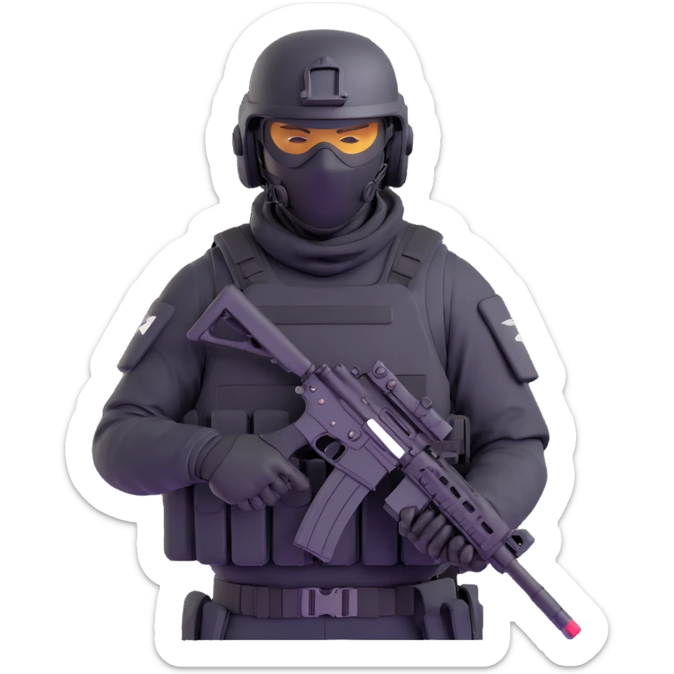 armed figure in all-black tactical gear, shiesty mask, helmet, holding a rifle sticker