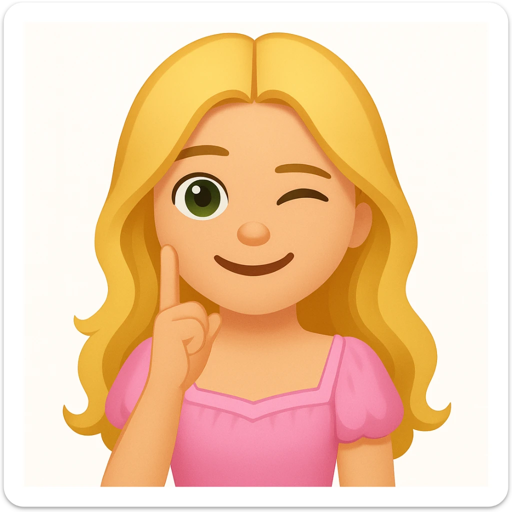 Edit the image to depict a long-haired blonde with swamp eyes wearing a pink pastel dress, in the style of iOS emoji. Match all features from the reference image but change the emotion to winking. sticker