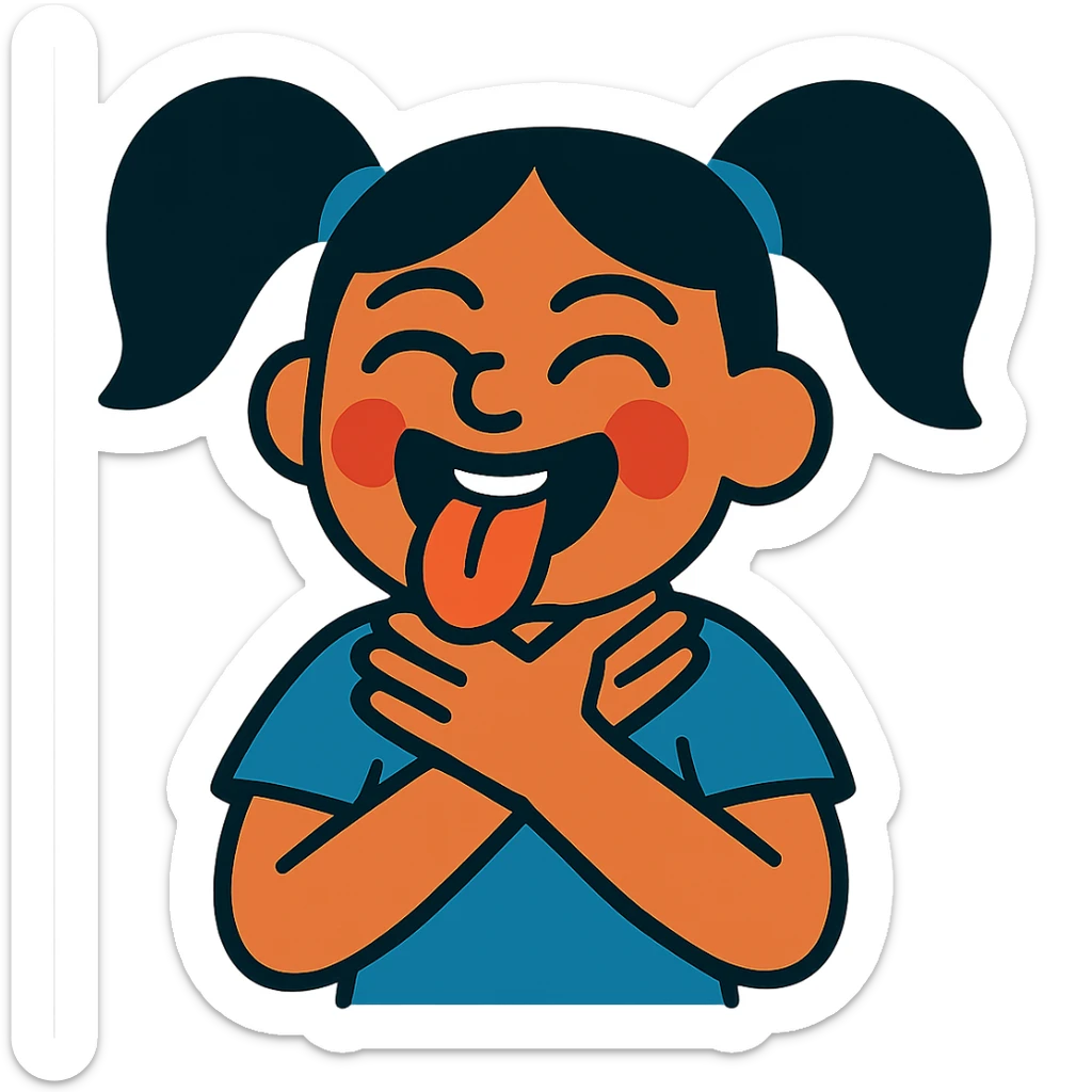 girl with her hands wrapped around her own neck, laughing, tongue out sticker