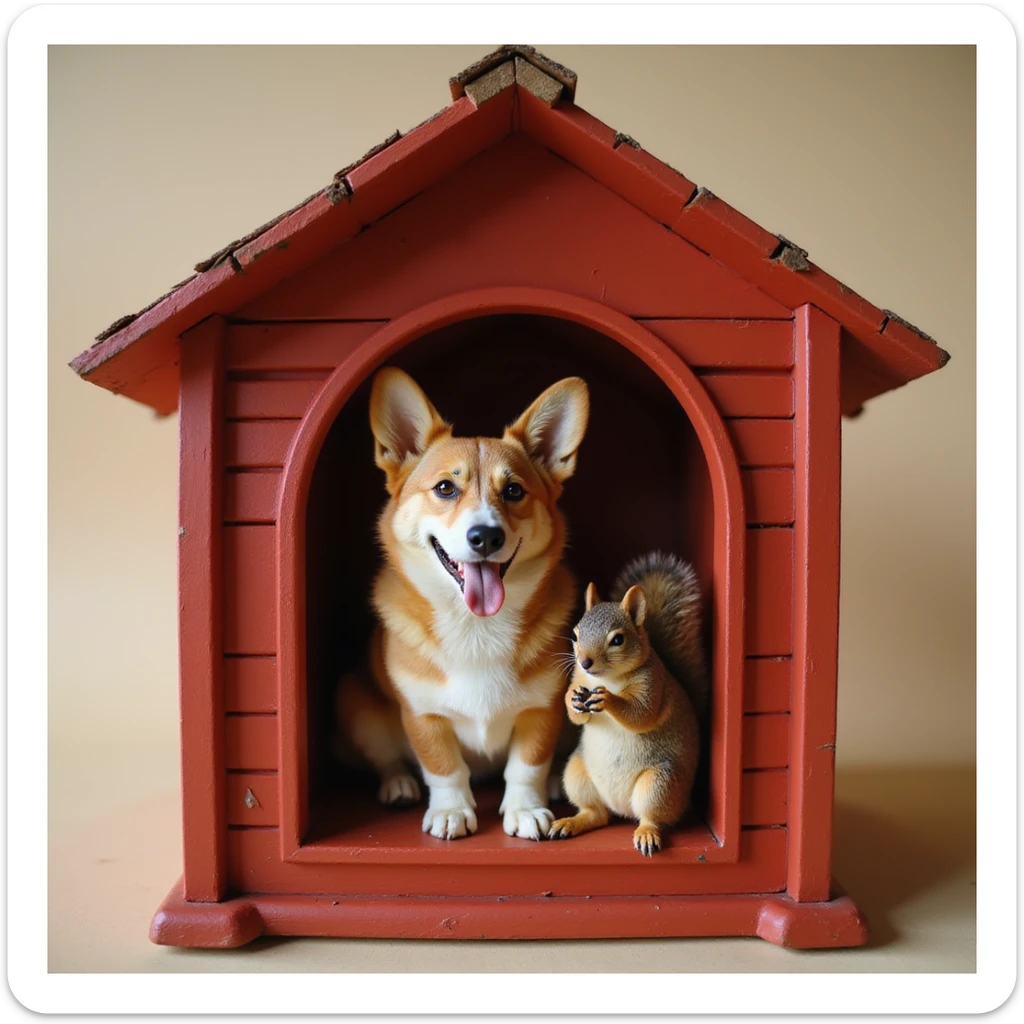 realistic red dog house with a Corgi dog inside, Corgi with a squirrel, photorealistic style sticker