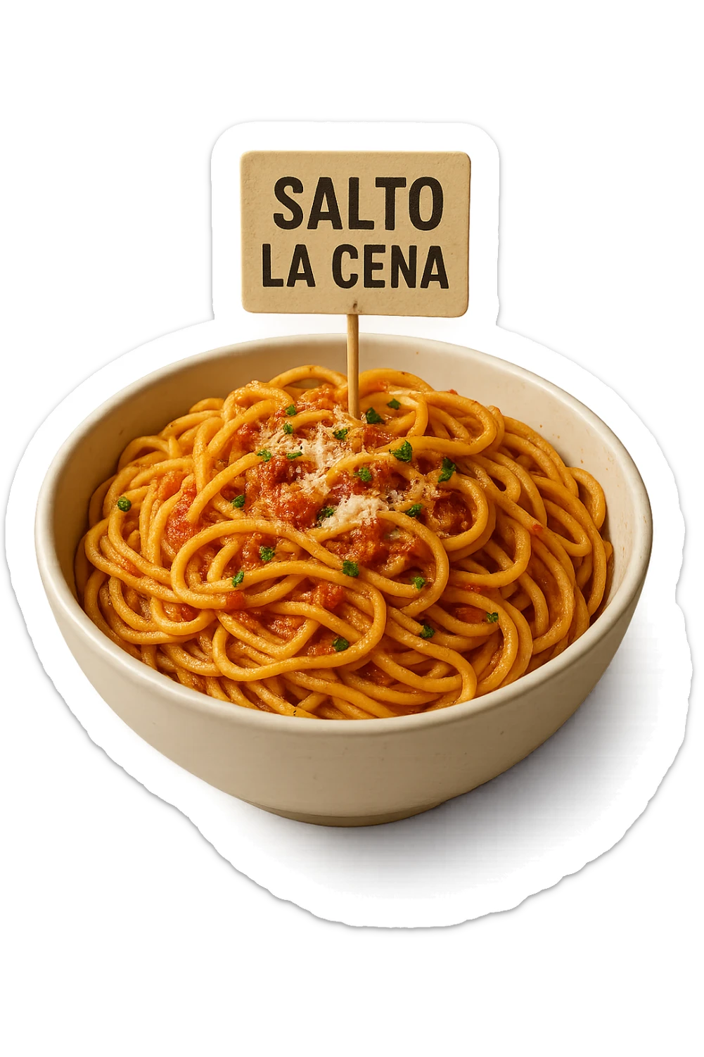 BOWL DI PASTA CON CARTELLO CON LA SCRITTA "SALTO LA CENA",  iperrealistico 4k sticker