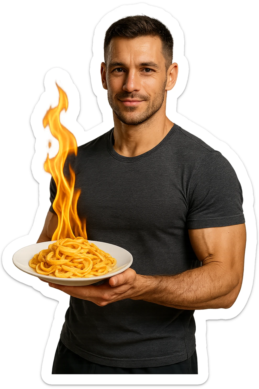 uomo fitness che tiene in mano un piatto di pasta con una fiamma sopra come se stesse simbolicamente bruciando le kcal della pasta, iperrealistico 4k sticker