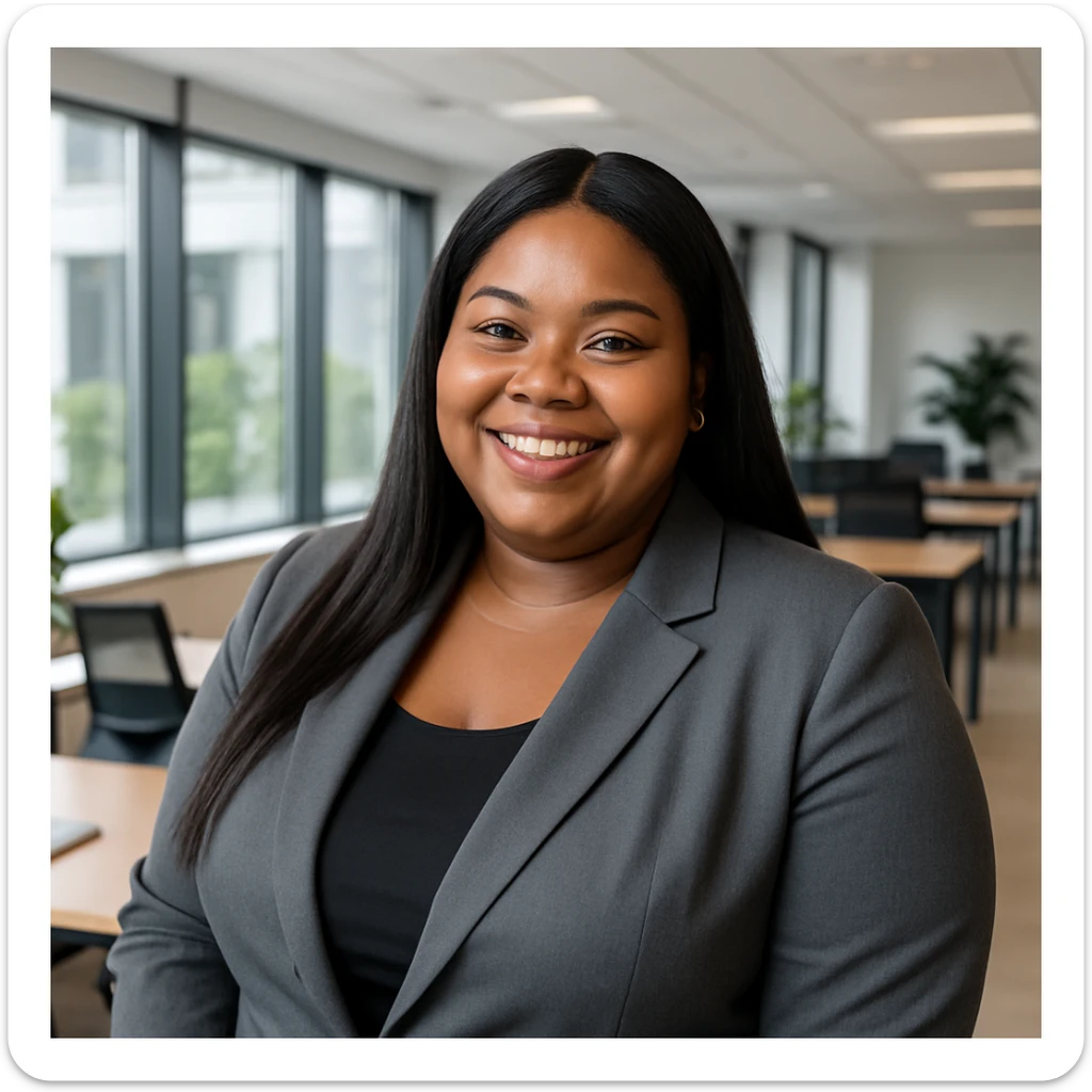 plus size Black woman with long straight hair, wearing a blazer, smiling, modern office setting sticker
