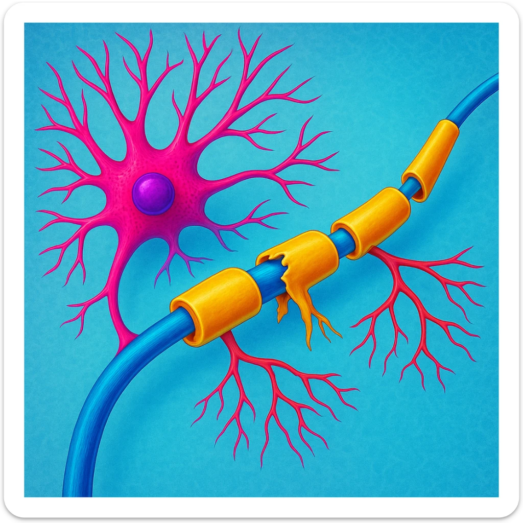 Make the neuron and myelin sheath illustration more colorful with vibrant medical colors, enhancing the vibrancy and clarity of the medical illustration. sticker