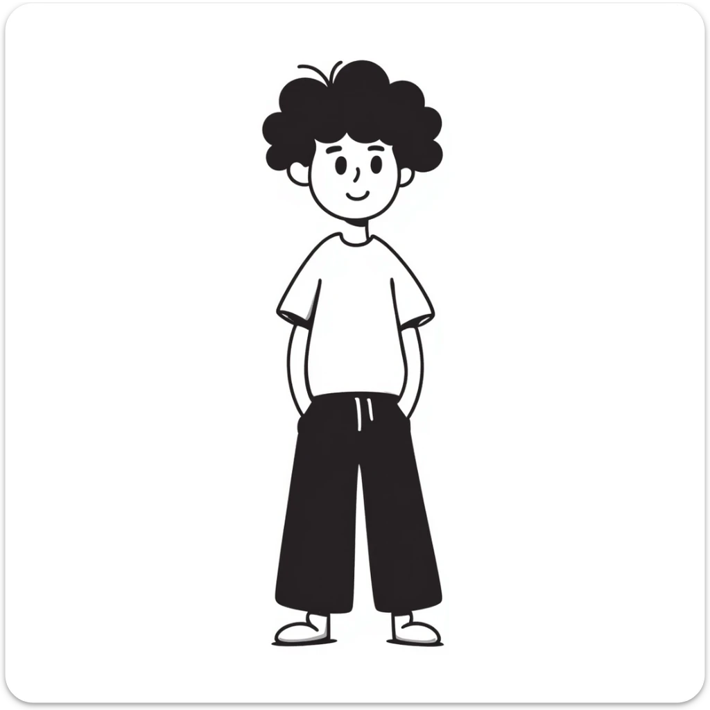 Teenage boy with messy curly hair, casual t-shirt, slight smile sticker
