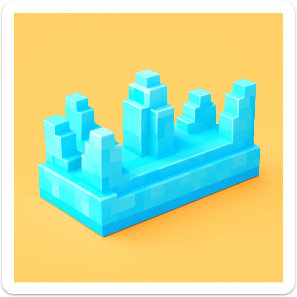 a small but long crown made of ice, Roblox-like cartoon style, blocky 3D, simplified, playful and shiny sticker