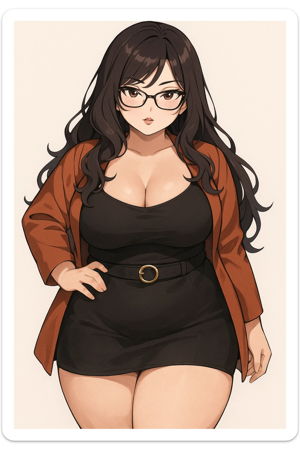 plus size anime girl with glasses, sultry look, long hair, fashionable outfit, confident and attractive sticker