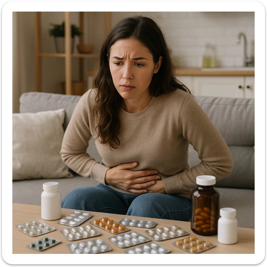 realistic style woman sitting with hand on abdomen, dysbiosis due to wrong supplementation, worried expression, scattered supplement packages, domestic environment sticker