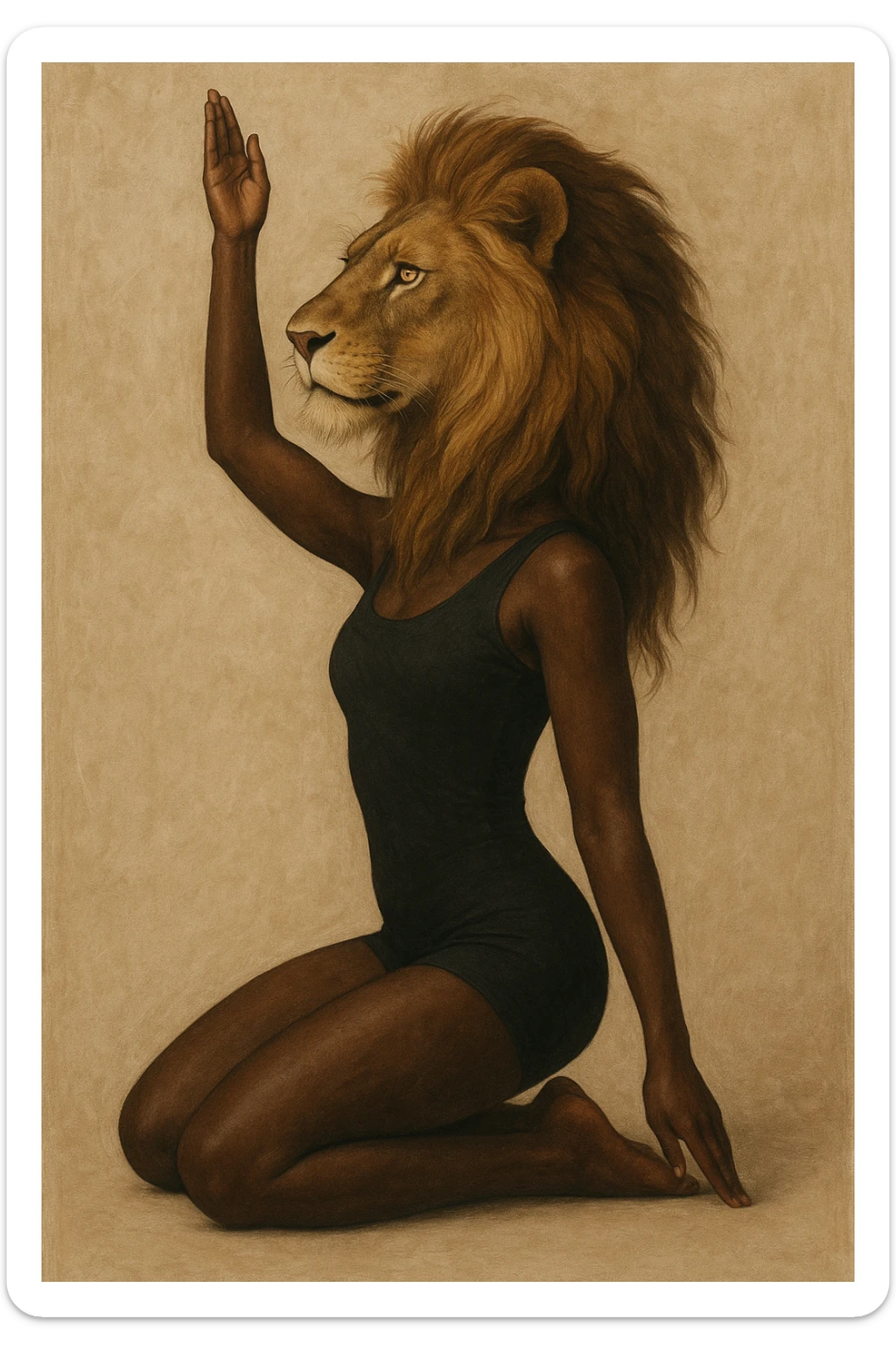 A creative combination of a lion's head and a Black woman in a yoga pose, blending the features so the lion's head and the woman's body are seamlessly integrated. The woman has dark skin and is in a classic yoga pose, with the lion's head replacing her own, in a harmonious and empowering style. sticker