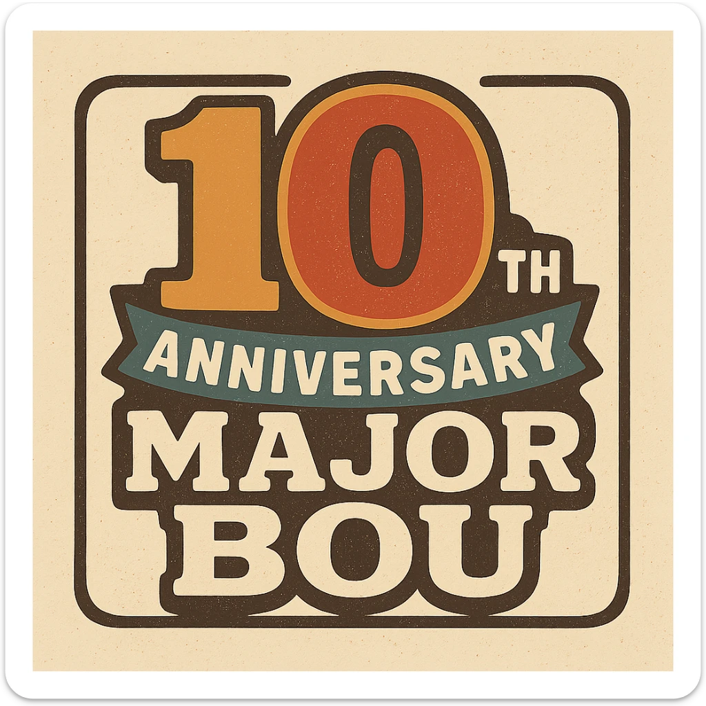 Retro-style 10th anniversary logo for Major Bou with bold typography and vintage colors sticker