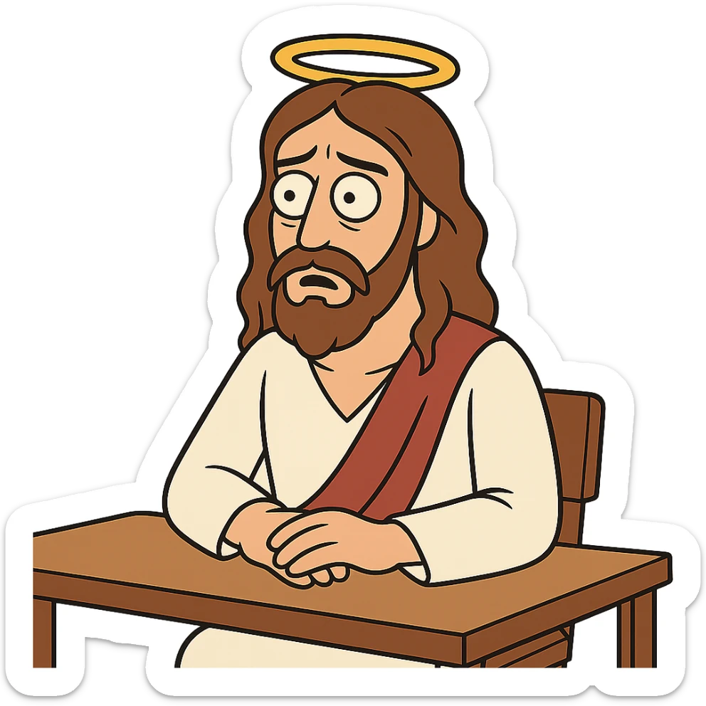 flat design style Jesus sitting at a table sticker